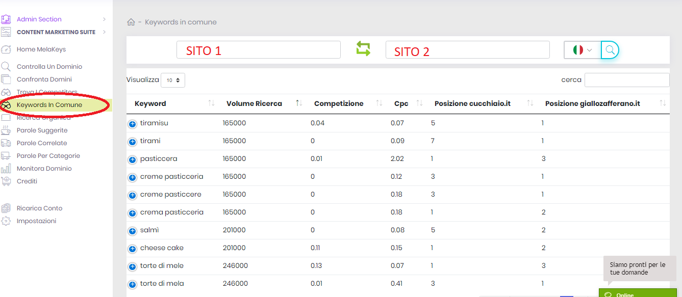 Analisi delle keyword in comune tra due siti