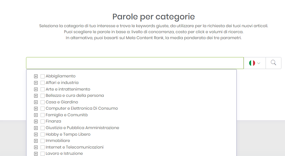 Parole chiave suggerite per categoria