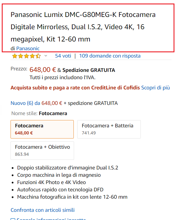 Scheda prodotto Amazon: nome prodotto. Esempio di Panasonic Lumix DMC-G80MEG