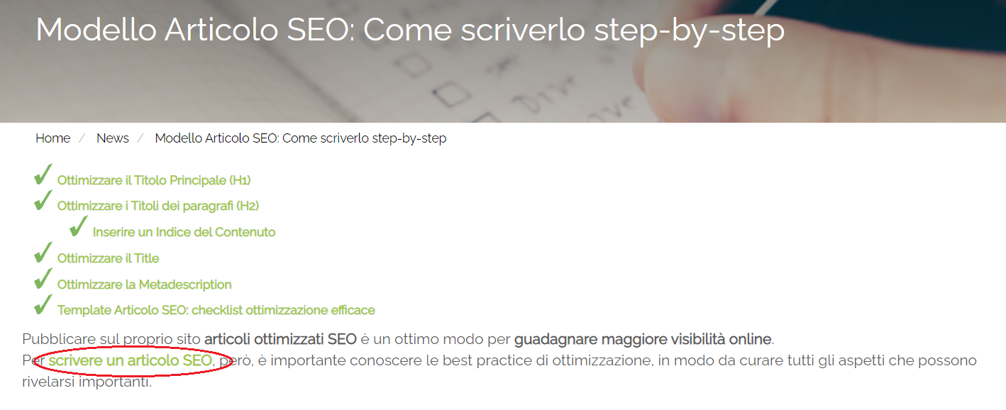 Uno screenshot di un articolo blog Melascrivi, in cui è presente l'anchor text Scrivere un articolo SEO