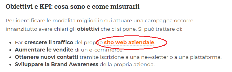 Uno screenshot di un articolo blog AdIntend, in cui è presente l'anchor text Sito web aziendale