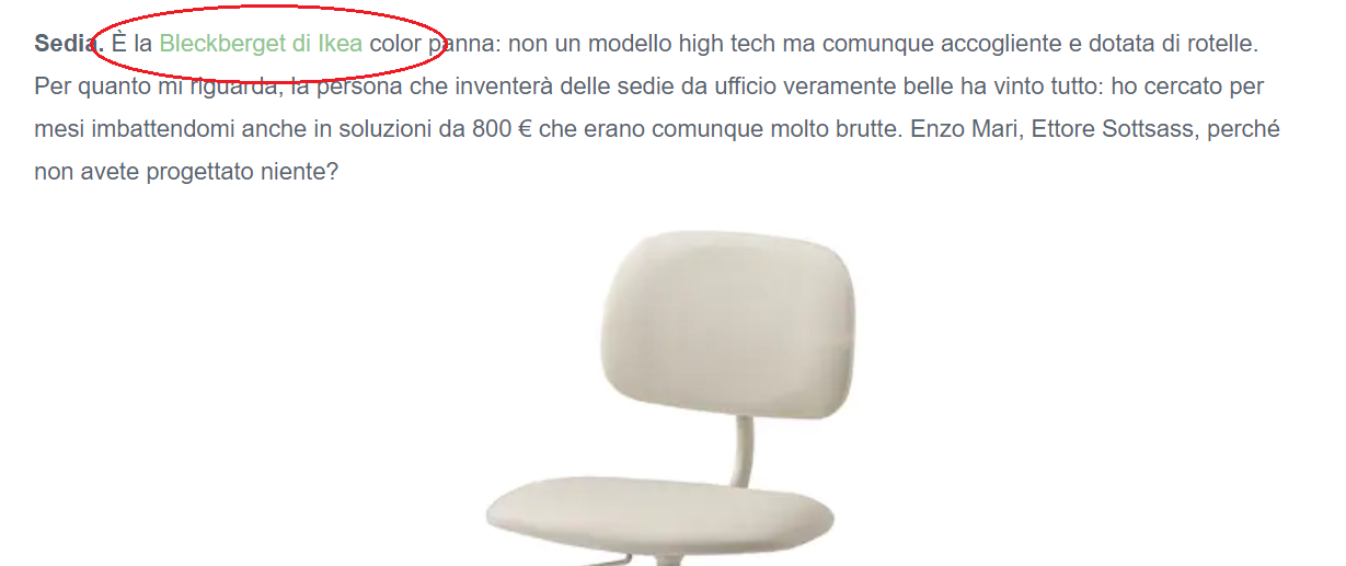 Uno screenshot di un articolo blog, in cui è presente l'anchor text che rimanda al sito IKEA