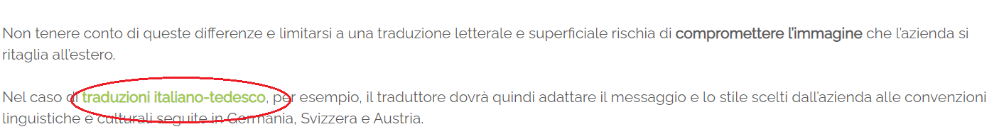 Screenshot di un articolo blog Melascrivi che contiene un link di collegamento a un altro articolo, indicato dall'achor text Traduzioni italiano-tedesco