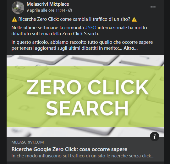 Articolo Zero Click Search condiviso sulla pagina Facebook di Melascrivi