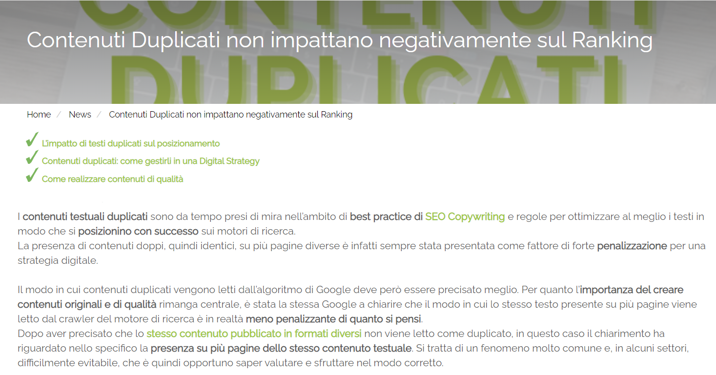 Screenshot dell'incipit dell'articolo 'Contenuti Duplicati non impattano negativamente sul Ranking' di Melascrivi