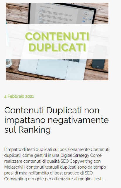 Anteprima dell'articolo 'Contenuti Duplicati non impattano negativamente sul Ranking' pubblicato da Melascrivi nella sezione News del sito