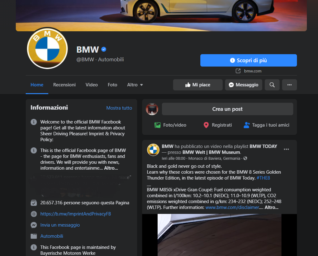 Pagina Facebook di BMW