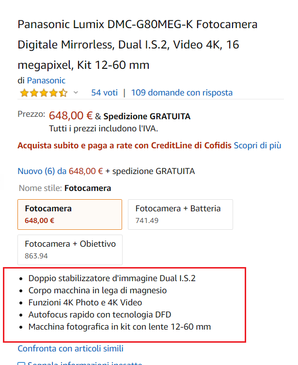 Scheda prodotto Amazon: elenco puntato. Esempio di Panasonic Lumix DMC-G80MEG