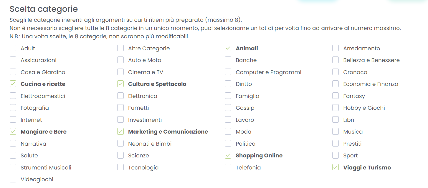 Pagina che visualizza l'elenco delle categorie tematiche per cui è possibile scrivere su Melascrivi