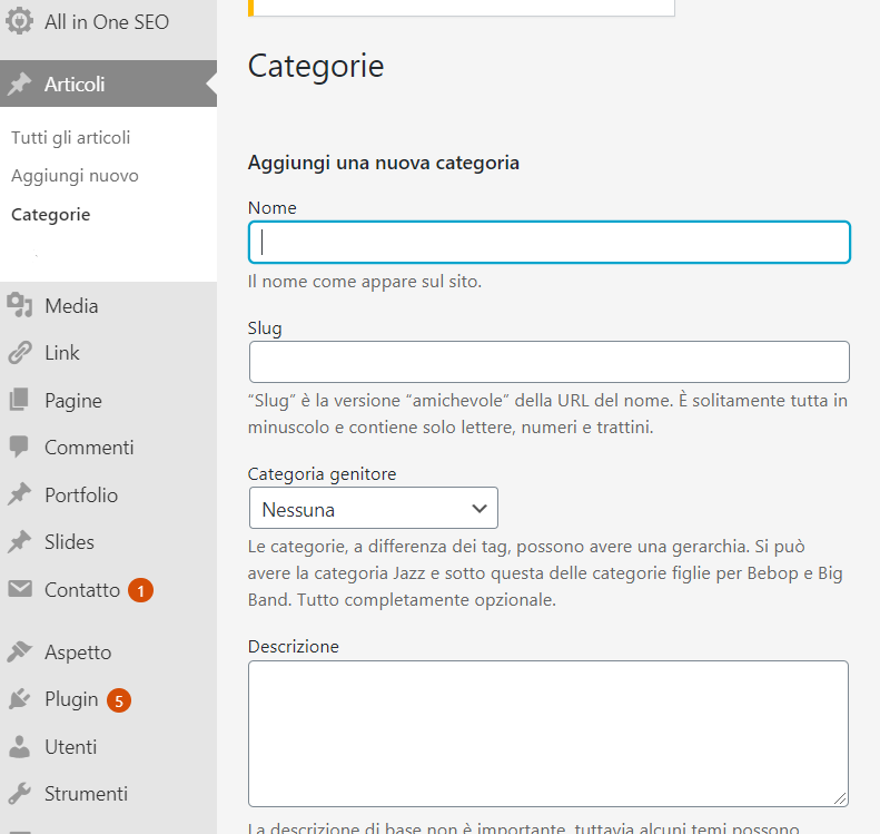 Inserimento di Categorie su Wordpress