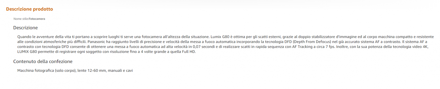 Scheda prodotto Amazon: descrizione del prodotto