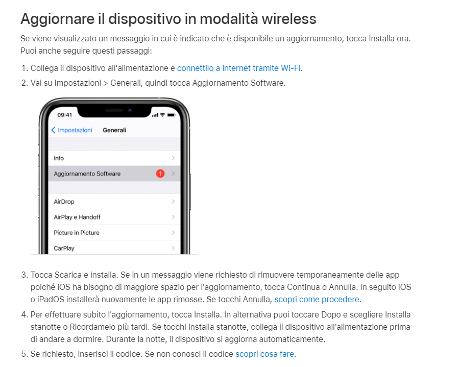 Pagina sito Apple con elenco passaggi per aggiornare IOS