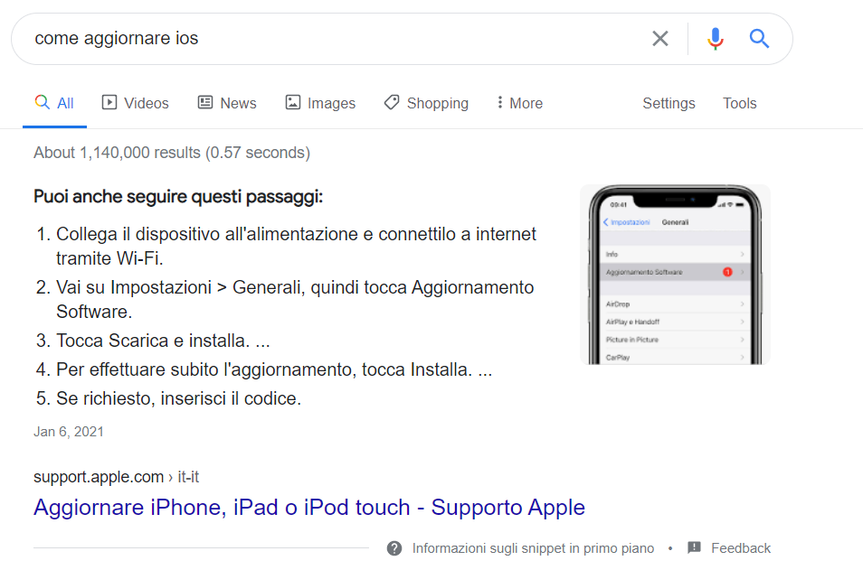 Featured Snippet Lista: passaggi aggiornamento IOS