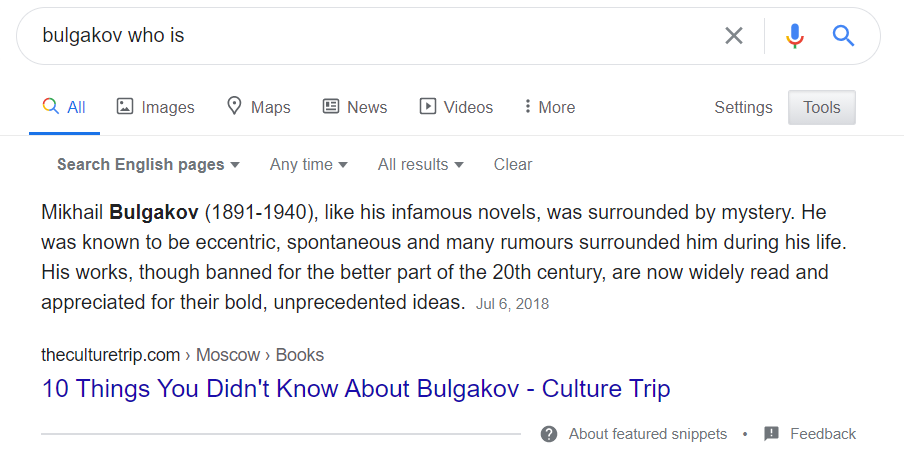 Featured Snippet Paragrafo Testo: ricerca del nome di Bulgakov