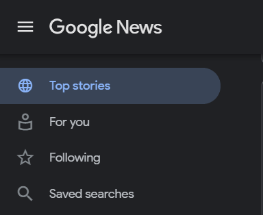Il menù laterale di Google News che consente di navigare tra contenuti già salvati o publisher seguiti