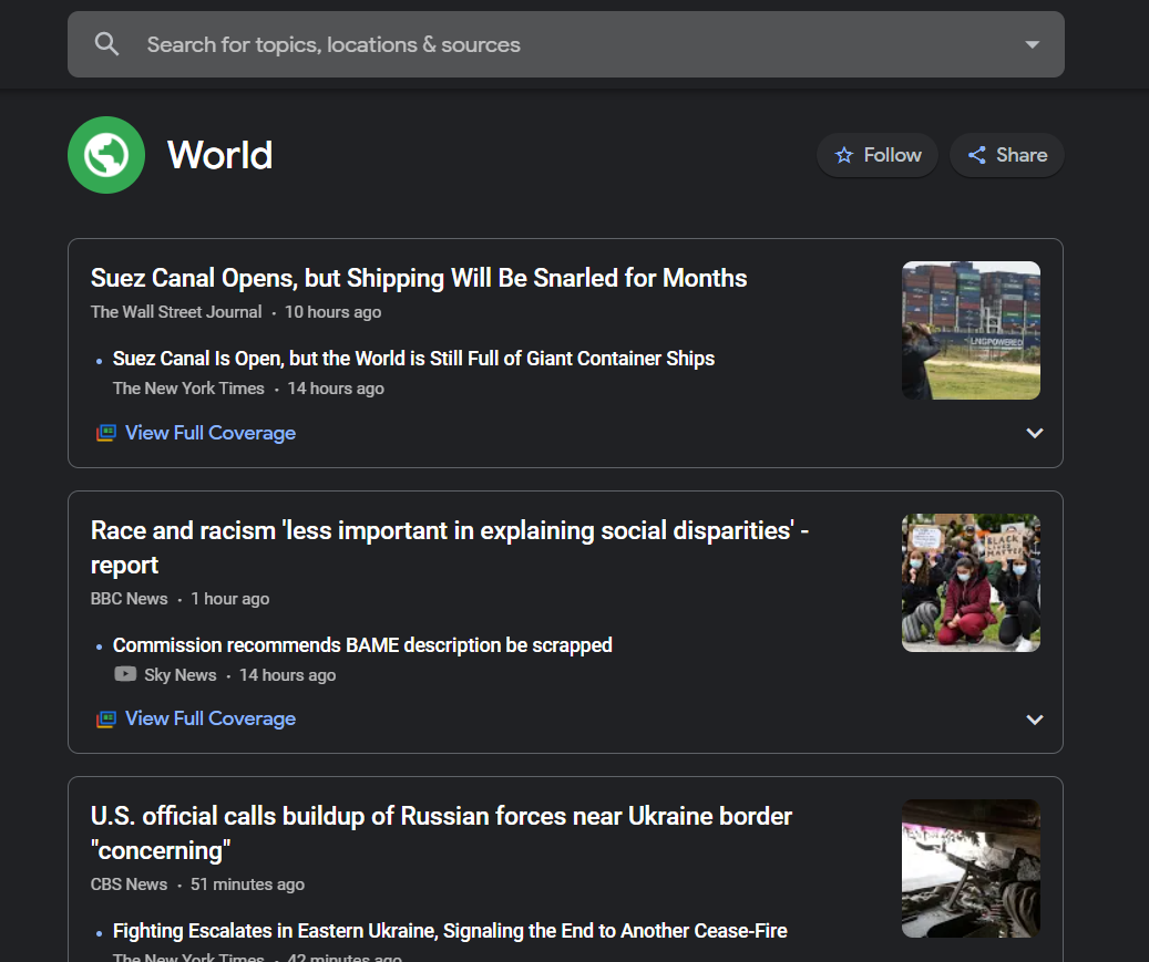 Google News con articoli filtrati per la località World