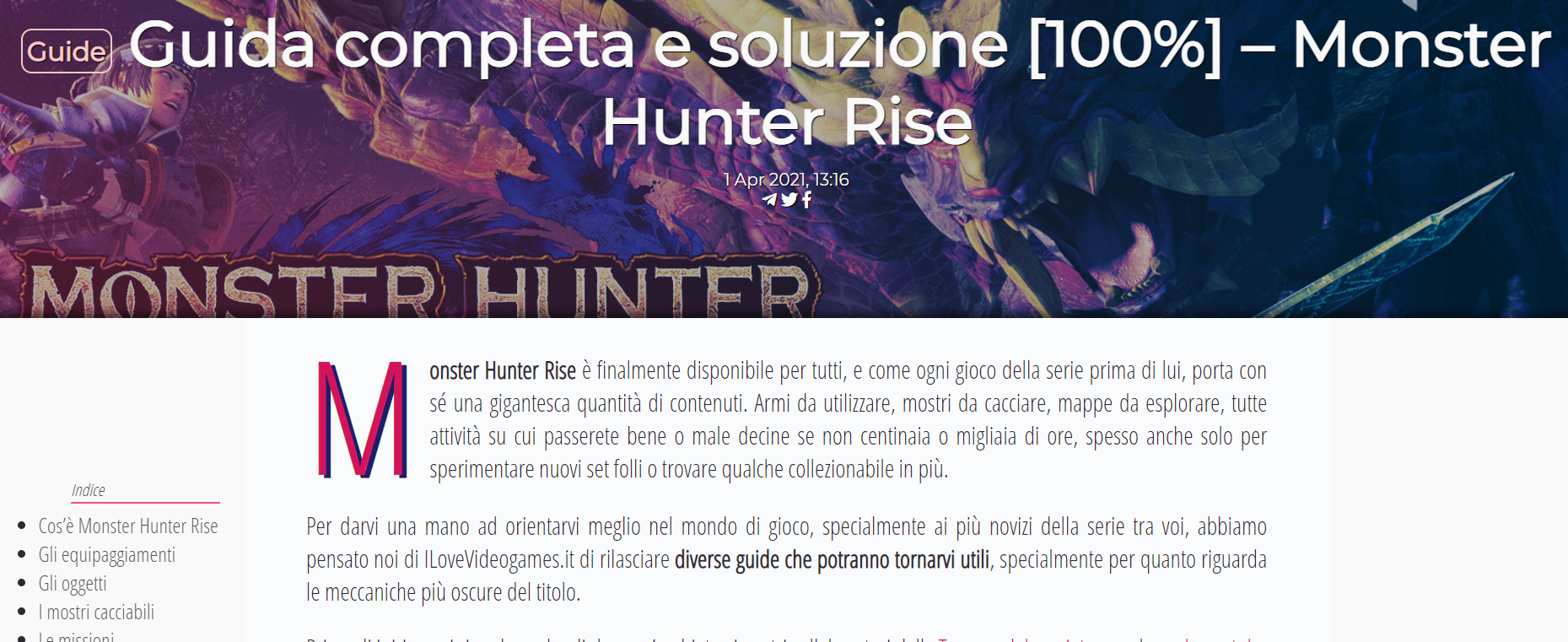 Incipit del contenuto Guida completa e soluzione Monster Humter Rise dal sito ilovevg.it