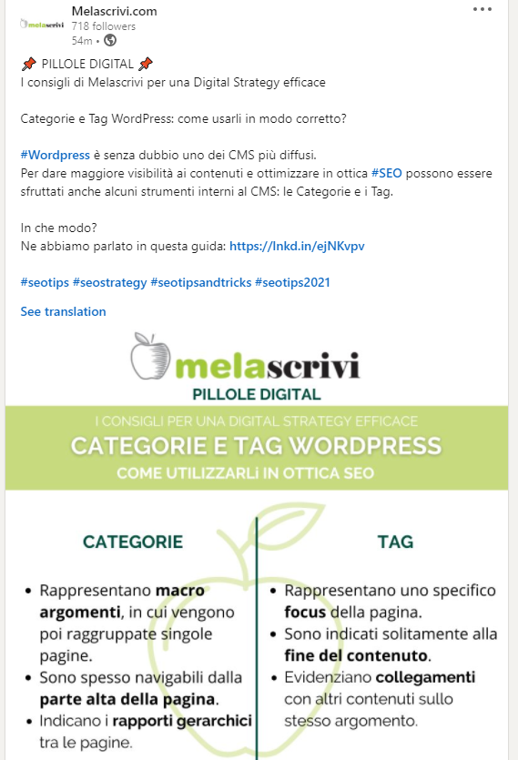 Infografica pubblicata su Linkedin da Melascrivi, il tema trattato è l'utilizzo di categorie e tag wordpress