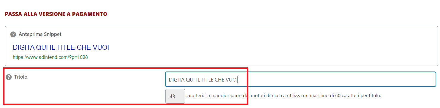 Il box di inserimento del title sul CMS Wordpress