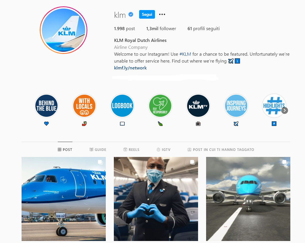 Il profilo Instagram della compagnia aerea KLM, con intestazione e prime immagini del feed