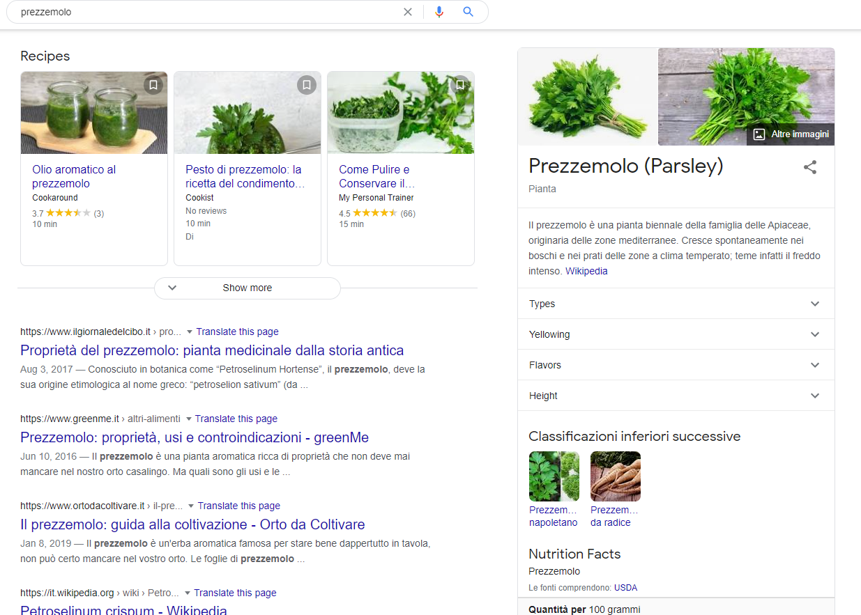 Il knowledge panel dato da Google per la parola chiave Prezzemolo