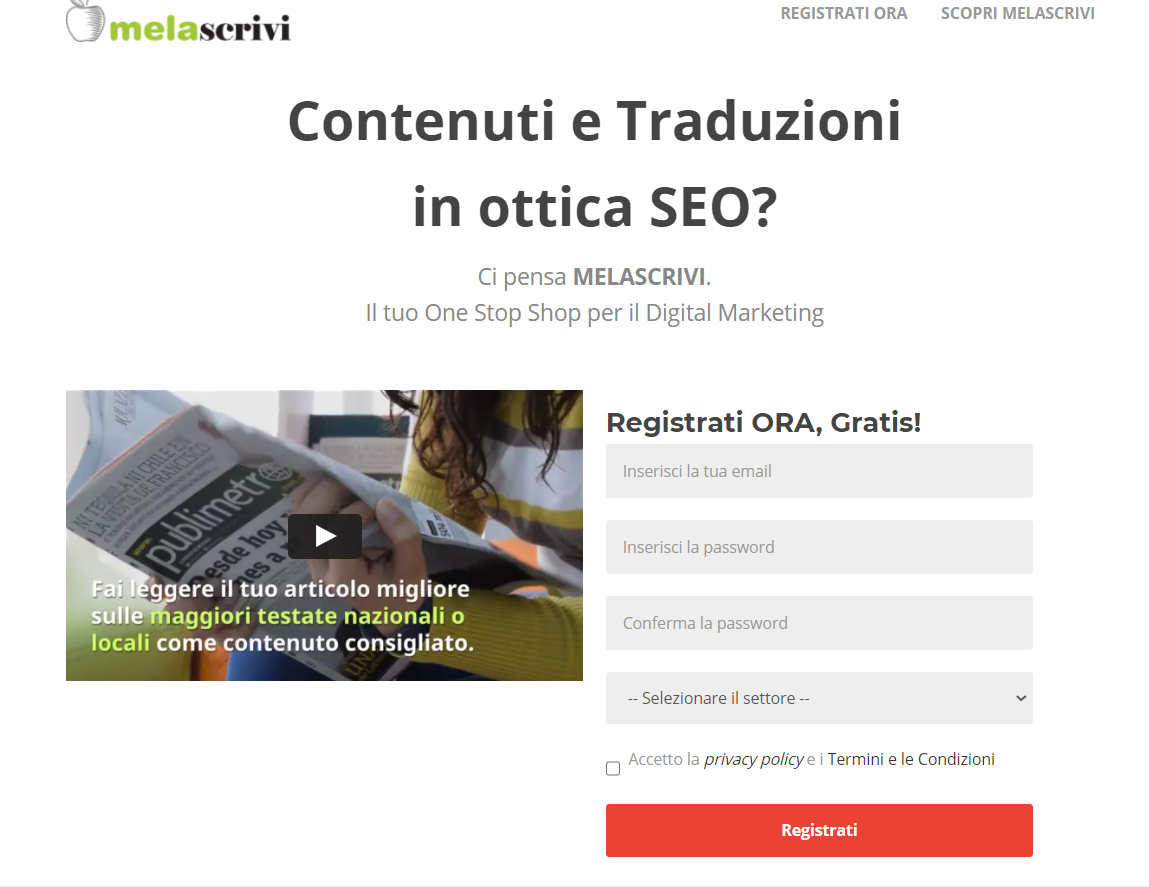 Landing Page Melascrivi con form di iscrizione per Cliente