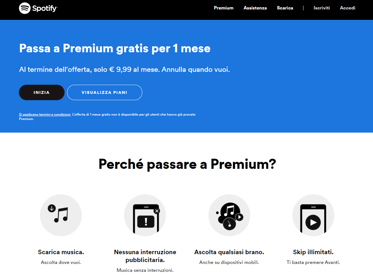 Landing page per acquistare il servizio spotify premium