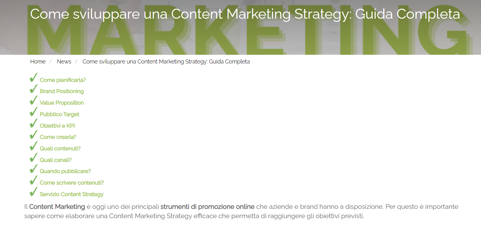 Screen shot dal sito di Melascrivi, incipit dell'articolo guida a Come creare una content marketing strategy