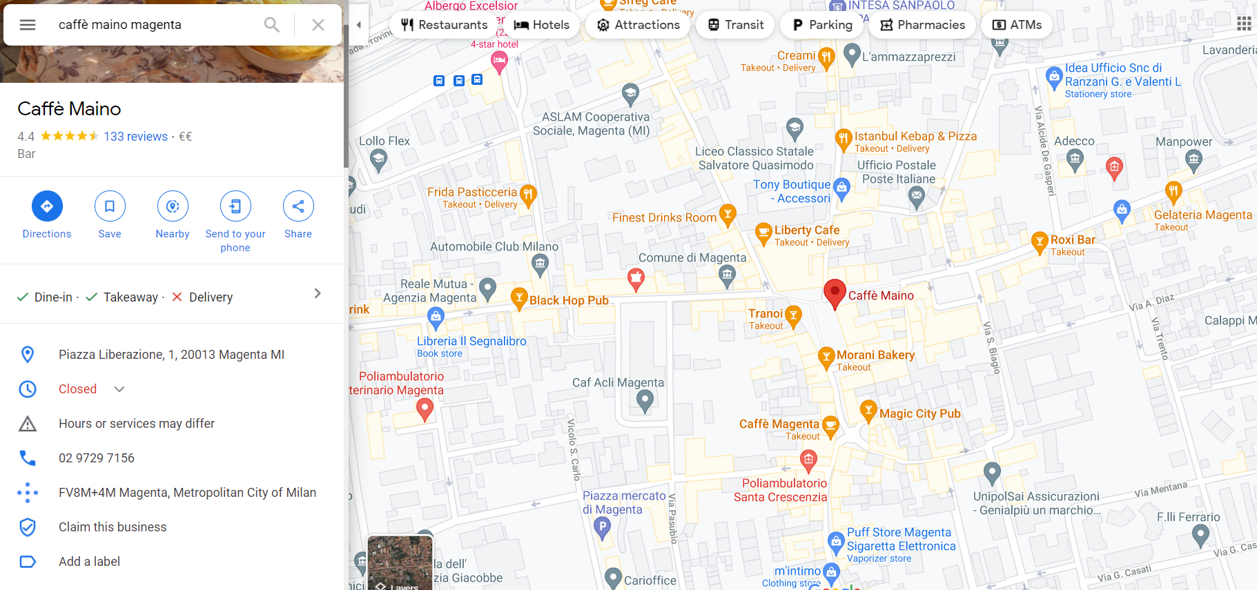 Risultato di ricerca su Google Maps del bar Maino a Magenta