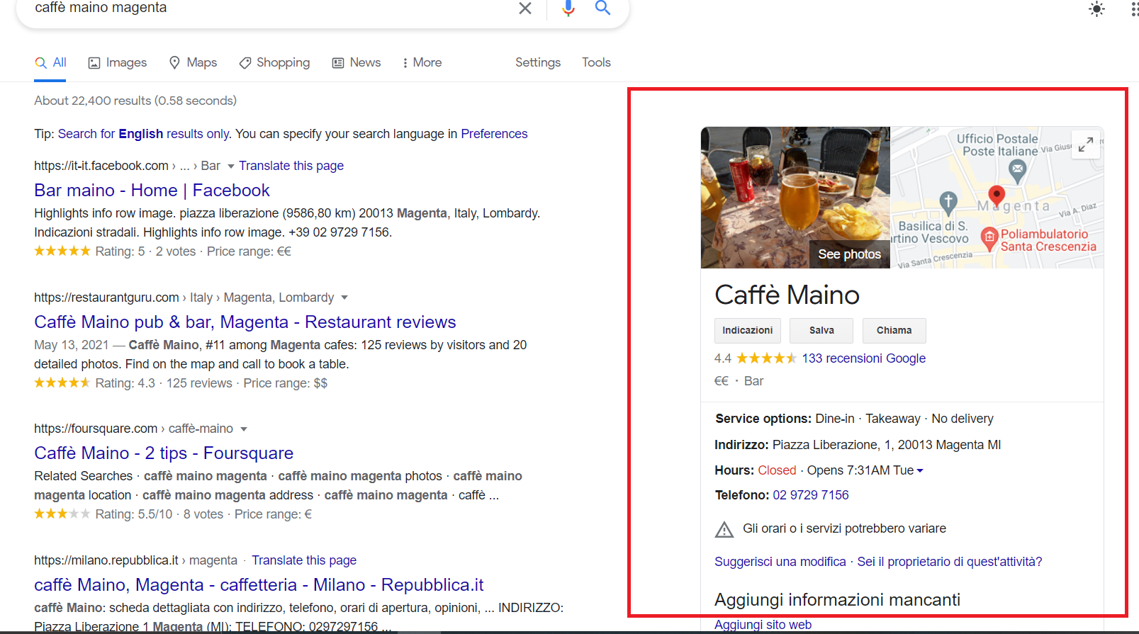 Pagina di Google Search e knowledge panel del bar Maino a Mangenta
