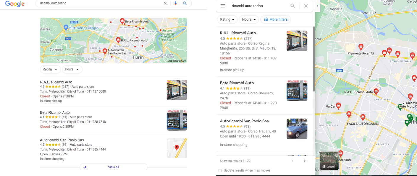 Risultati di ricerca in Google Search e Google Maps per Autoricambi torino