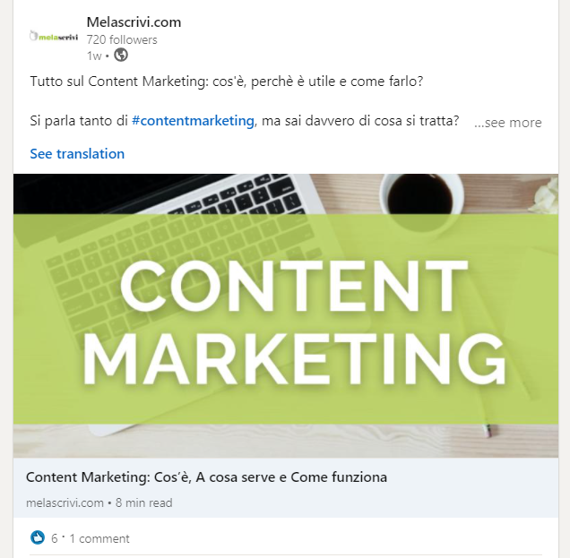 Post Linkedin di Melascrivi in cui viene condiviso un articolo sul Content Marketing