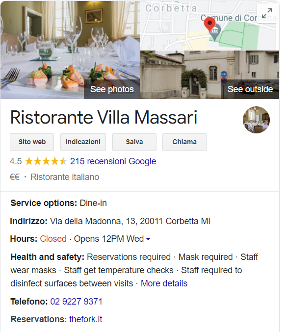 Knowledge Panel in Google Search per Ristorante Villa Massari