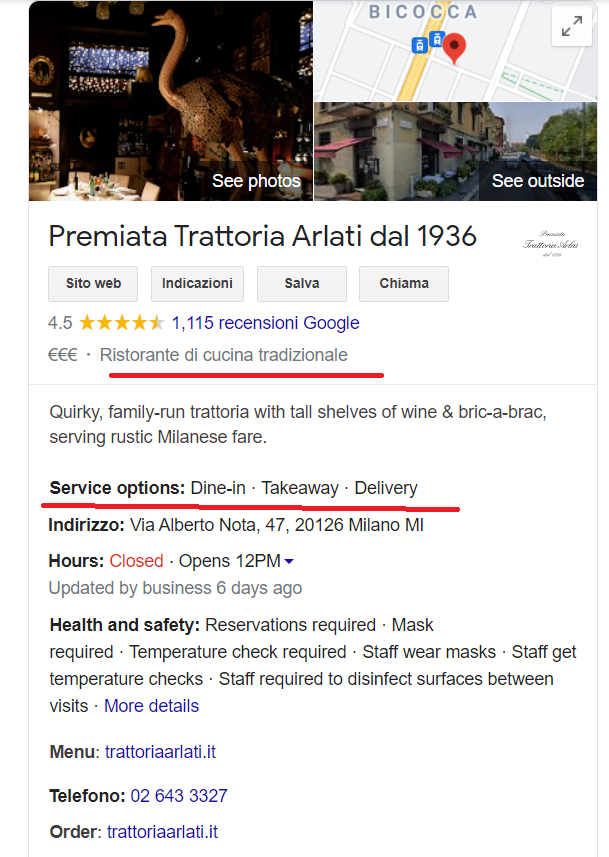 Knowledge panel Premiata Trattoria Arlati