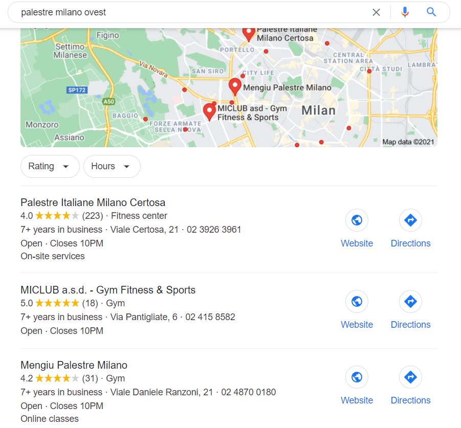 Risultati Google Search per la keyword palestre milano ovest