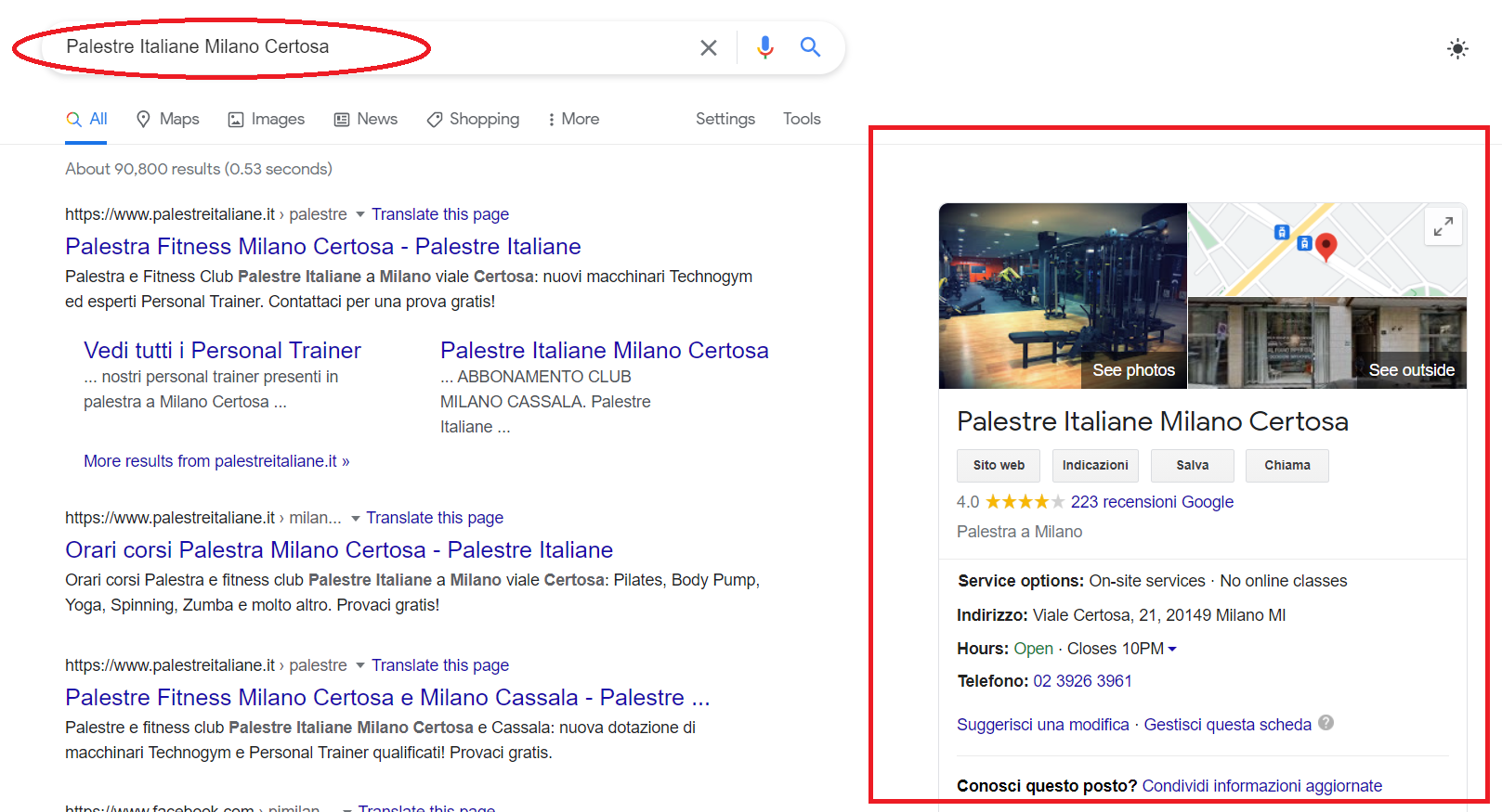 Risultati Google Search per la keyword palestre milano ovest