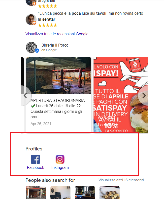 Knowledge Panel Birreria Il Porco con evidenziata la sezione dei profili social