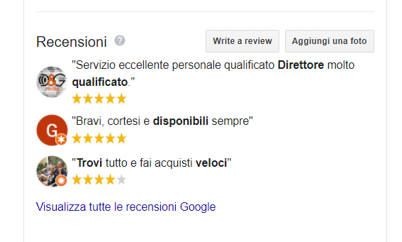 Recensioni Google a negozio ricambi auto