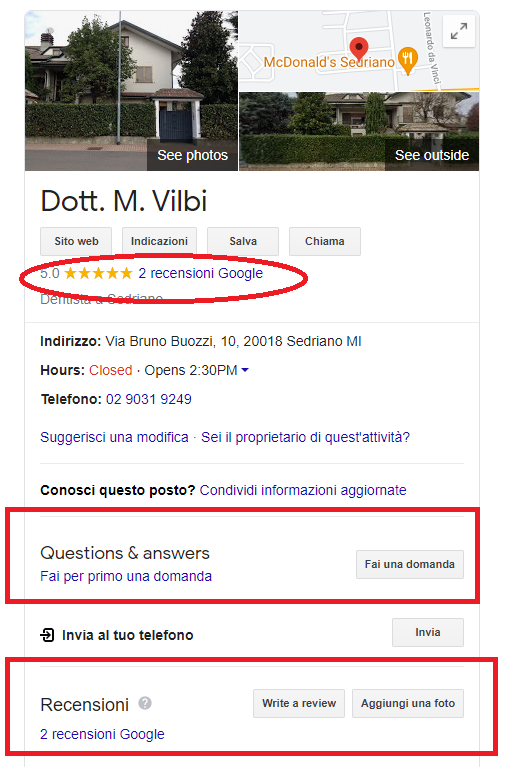 Knowledge panel Studio dentistico Vilbi. Sono evidenziate le sezioni relative a recensioni e domande