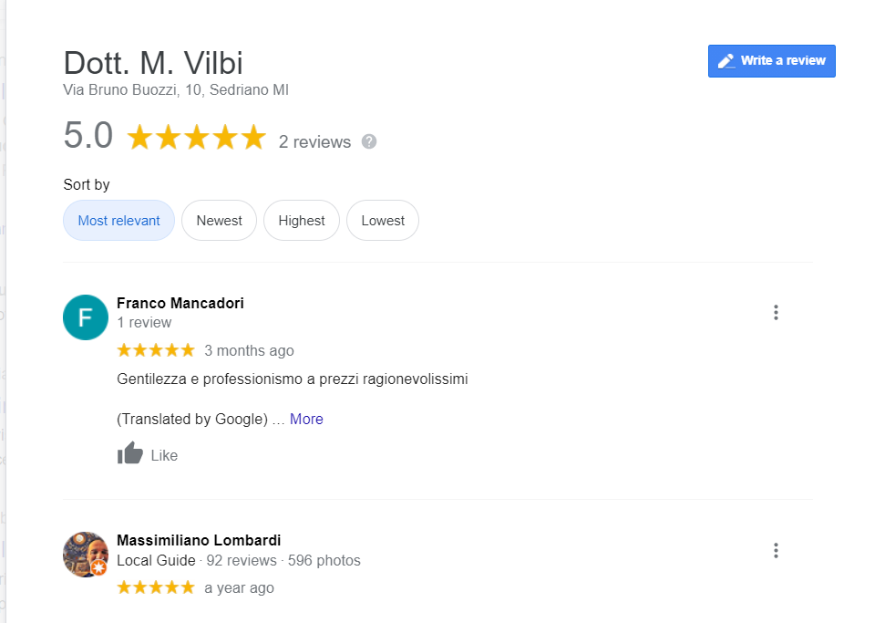 Recensioni Google allo studio dentistico Vilbi