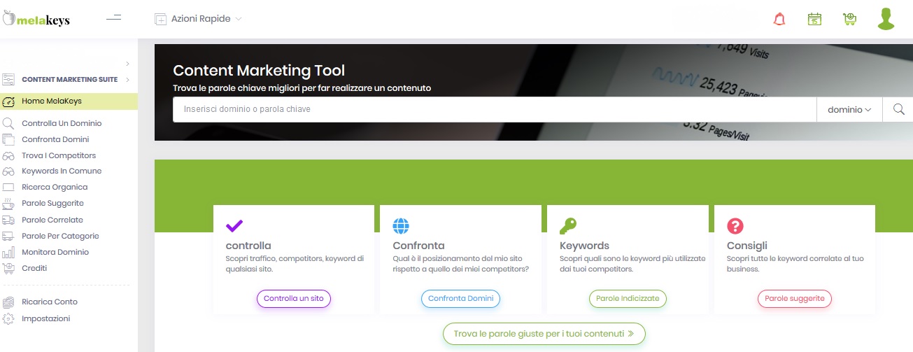 Home Page del SEO tool Melakeys, in cui vengono presentate tutti i servizi disponibili: confronto fra domini, controllo delle keyword, ricerca delle parole chiave, ottimizzazione