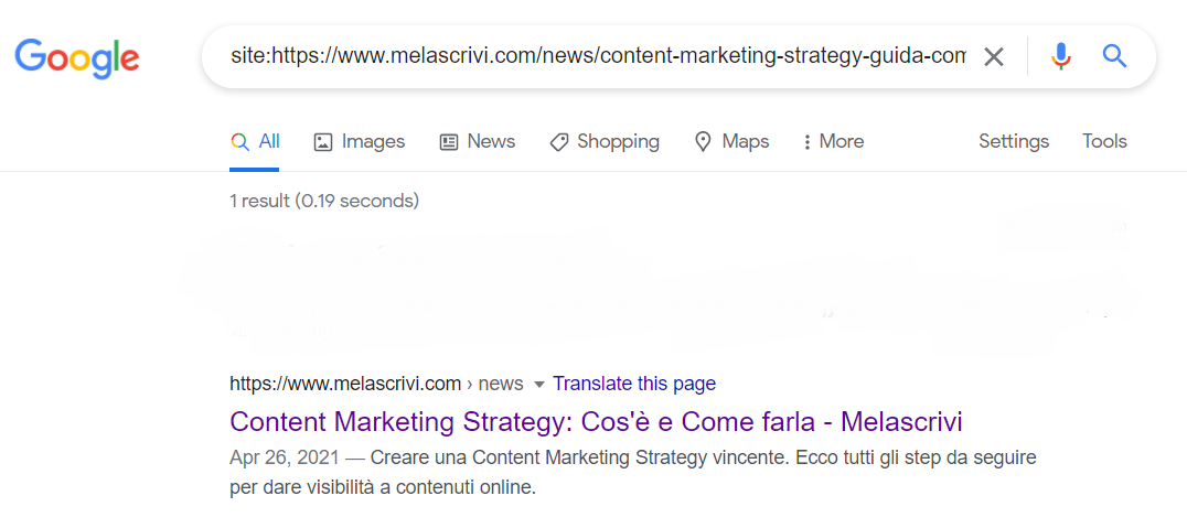 Risultati SERP per veirfica con operatore site della pagina Melascrivi su Content Marketing Strategy