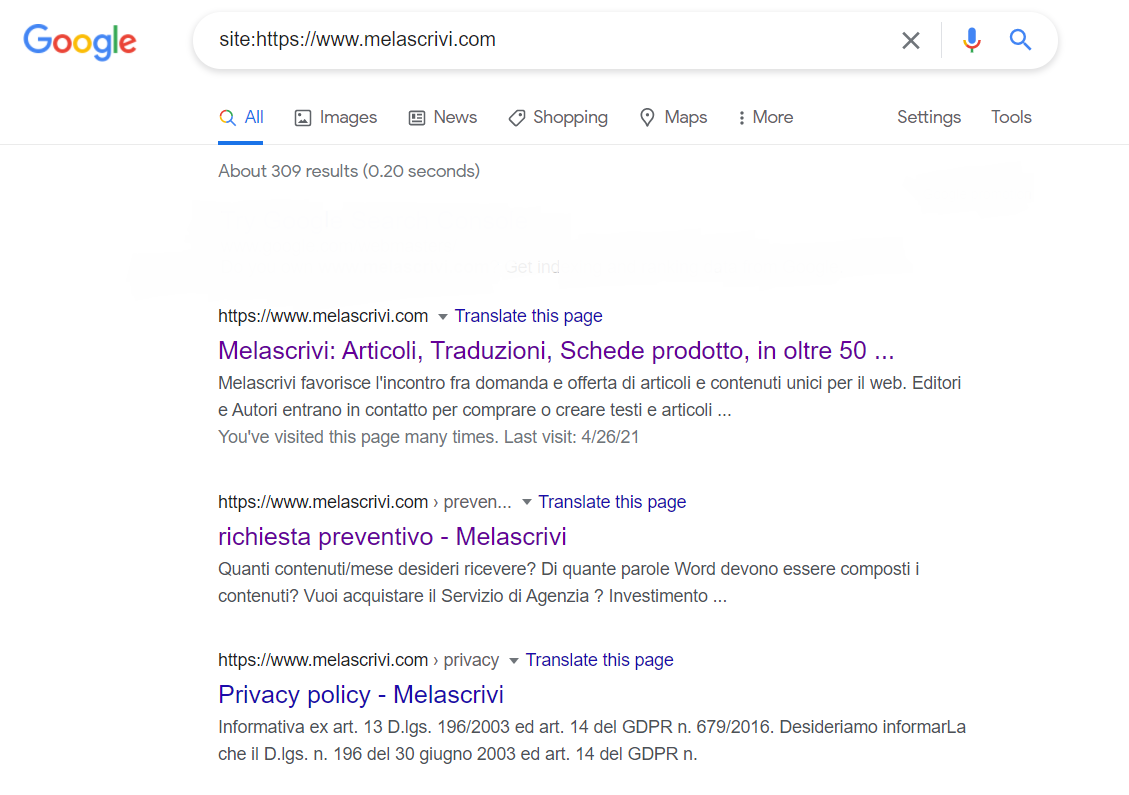 Risultati in SERP per la ricerca del dominio Melascrivi con operatore di ricerca site