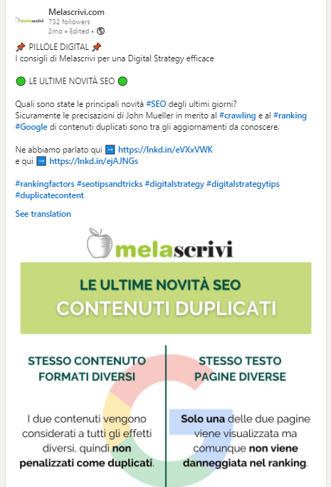 Post Linkedin di Melascrivi con infografica dedicata a contenuti duplicati