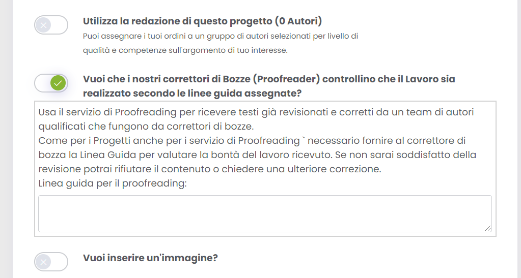 La richiesta del servizio di Proofreading tramite Melascrivi: pagina di richiesta contenuto in cui è anche presente la voce da cui è possibile selezionare il servizio di correzione della bozza