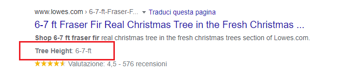 Rich Snippet: Ulteriori Specifiche. Esempio con l'altezza di un albero di Natale (Fir Real Christmas Tree)