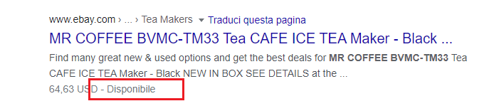 Rich Snippet: Disponibilità. Esempio con MR Coffee BVMC-TM33 Tea Cafe Ice Maker