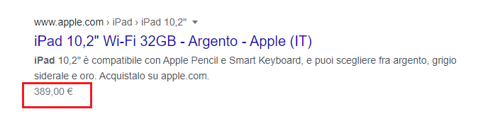 Rich Snippet: Prezzo. Esempio di iPad 10 Wifi 32GB Argento