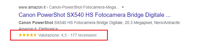 Rich Snippet: Rating. Esempio di Canon Power Shot SX540 HS Fotocamera