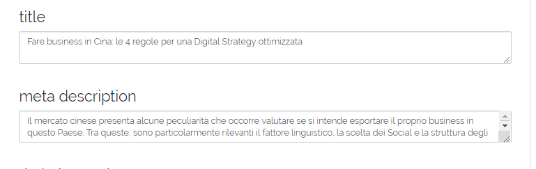 Screenshot di un CMS in cui viene inserito un nuovo contenuto e per il quale si ottimizzano il title e la metadescription